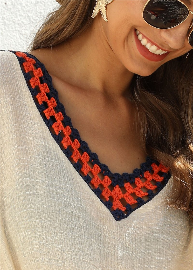 Breathable Crochet Trim Off-Shoulder Beach Cover-Up