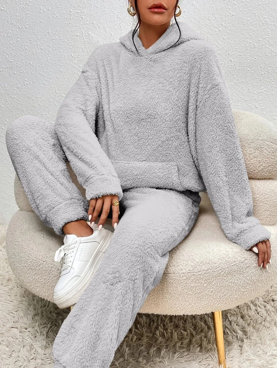 Women’s Loungewear Set – Teddy Fleece – Oversized Fit – Hooded 2-Piece Cozy Wear