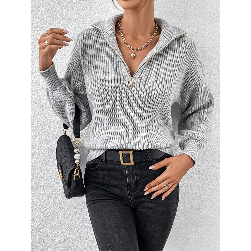 Miles - Zip-up knit pullover sweater with a high collar for women