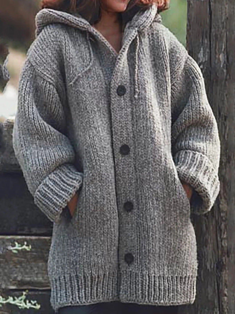 Women's solid color loose knit hoodie sweater jacket