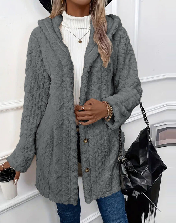 Women's chain knitted comfortable hooded loose coat