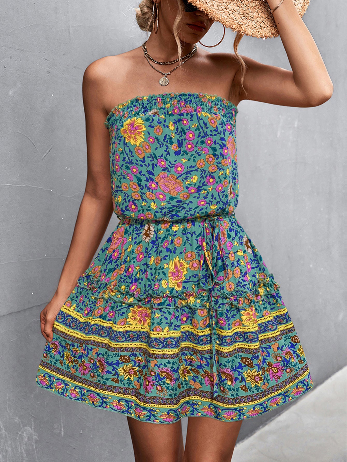 Women's Strapless Sundress - Floral Print - Cinched Waist - Flowy Casual Dress