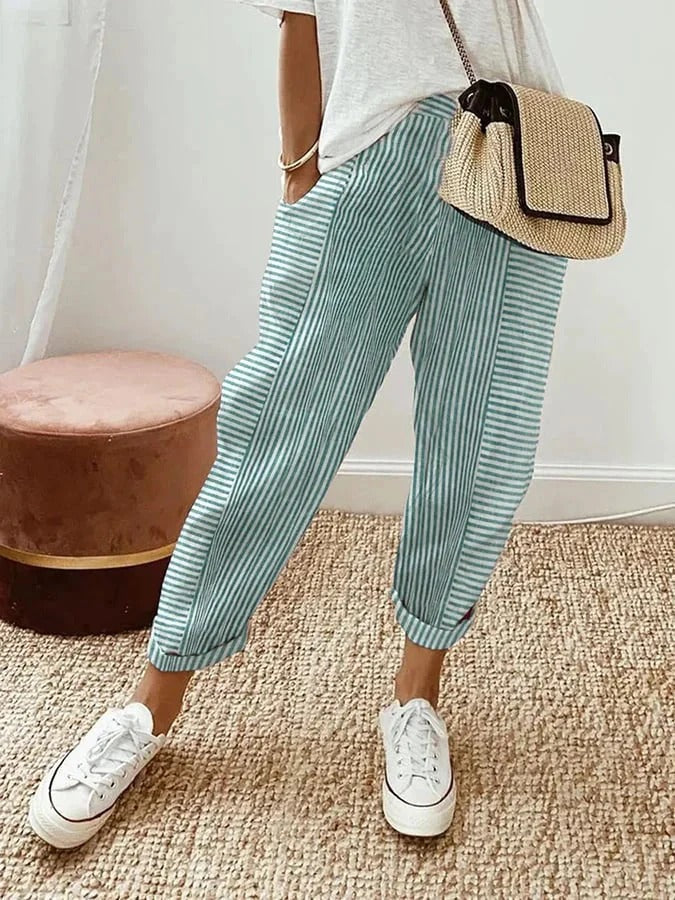 Women's Striped Pants - Loose Fit - Elastic Waist - Cuffed Hem Casual Wear