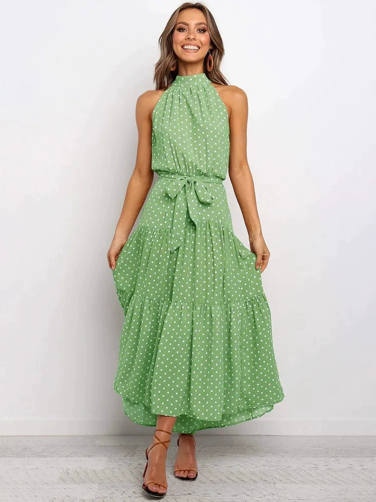 Women's Halter Midi Dress - Polka Dot Print - Tiered Flowy Skirt - Waist Tie
