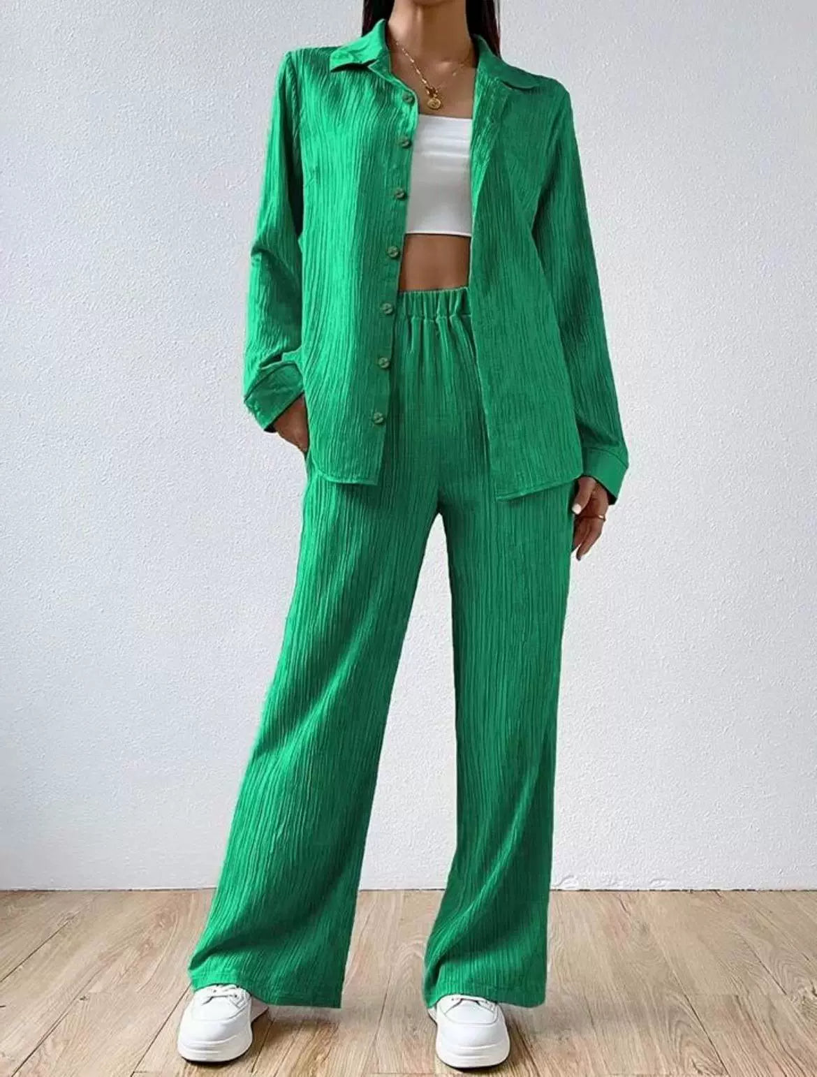 Women's casual two-piece suit set with wide-leg pants
