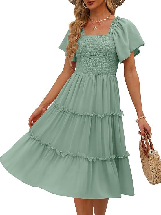 Women's Midi Dress - Square Neck - Smocked Bodice - Tiered Flowy Short Sleeve