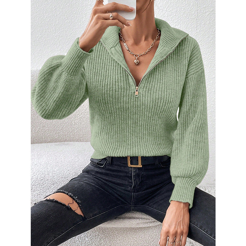 Zip-Up Knit High Collar Pullover Sweater