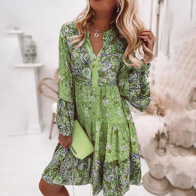 Floral Print Tiered Button-Up Bohemian Dress