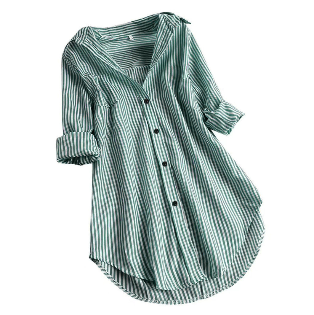 Women's Button-Up Shirt - Striped Print - Loose Fit Tunic - Long Sleeve Casual Wear