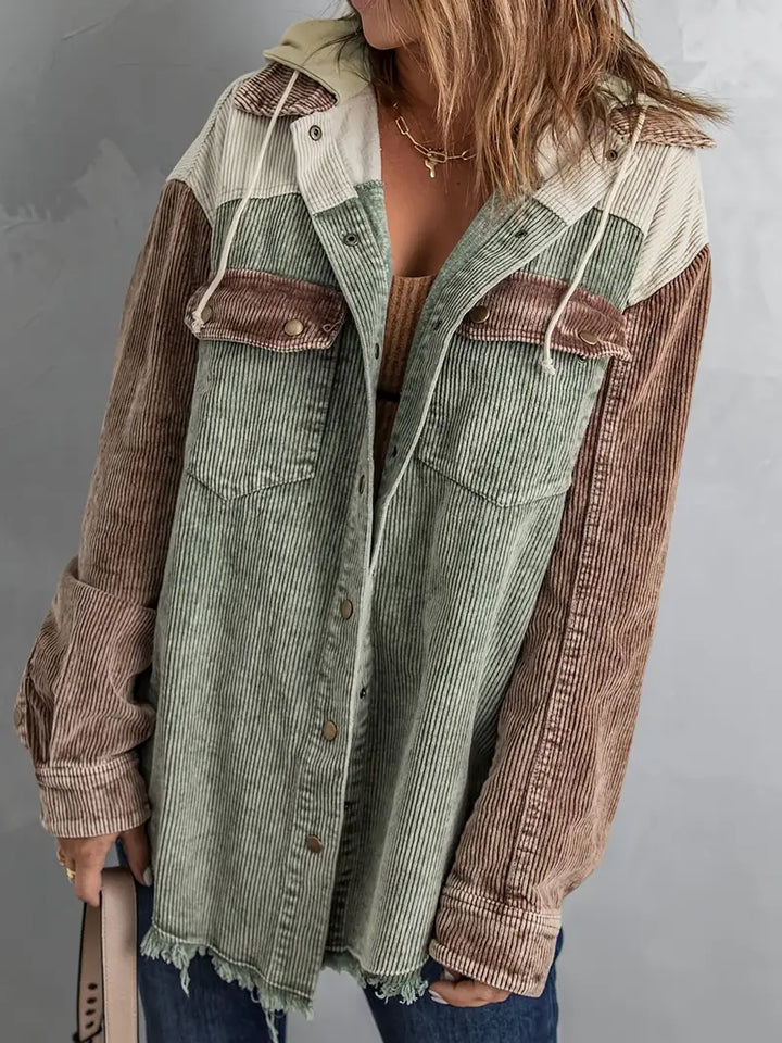 Women’s Corduroy Jacket – Hooded Patchwork Design – Distressed Hem – Casual Fit