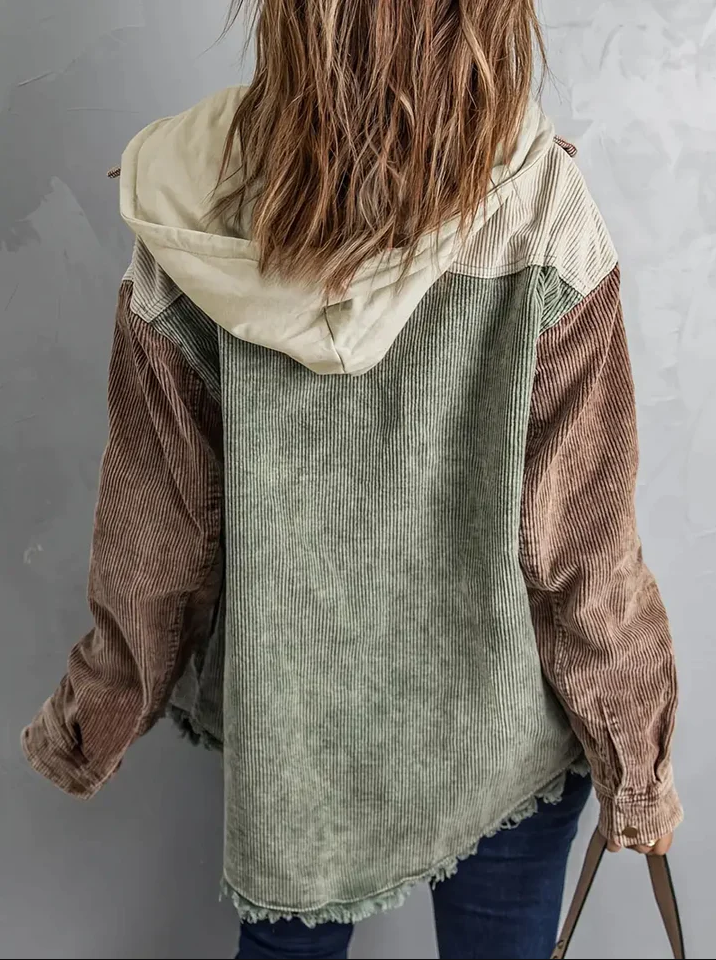Hooded Distressed Patchwork Corduroy Jacket