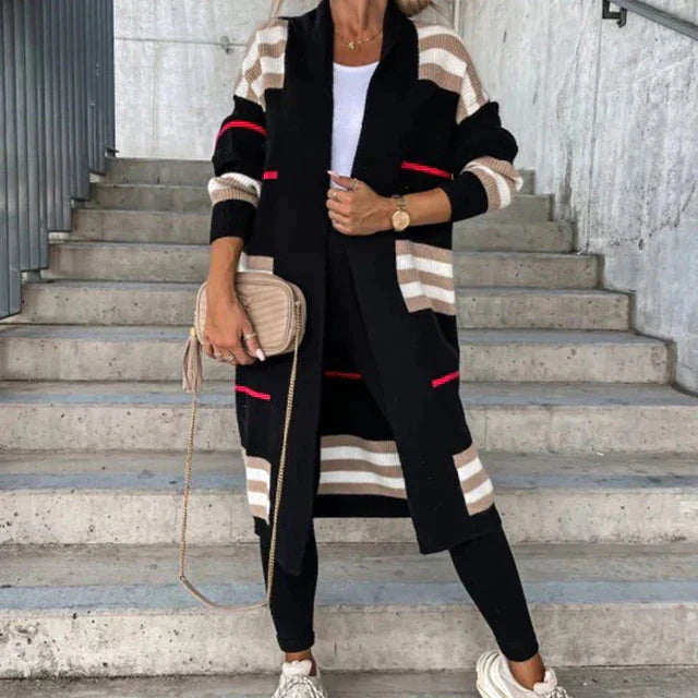 Women's striped knitted long cardigan