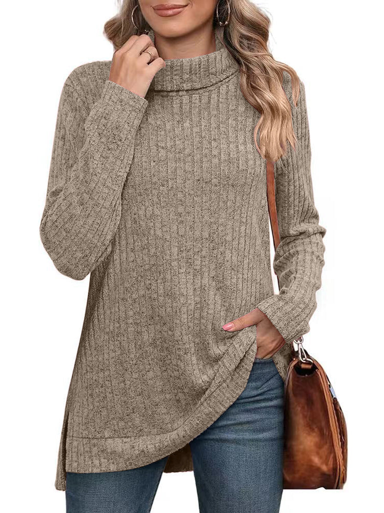 Women’s Turtleneck Sweater – Ribbed Knit – Relaxed Fit – Long Sleeve – Asymmetrical Hem