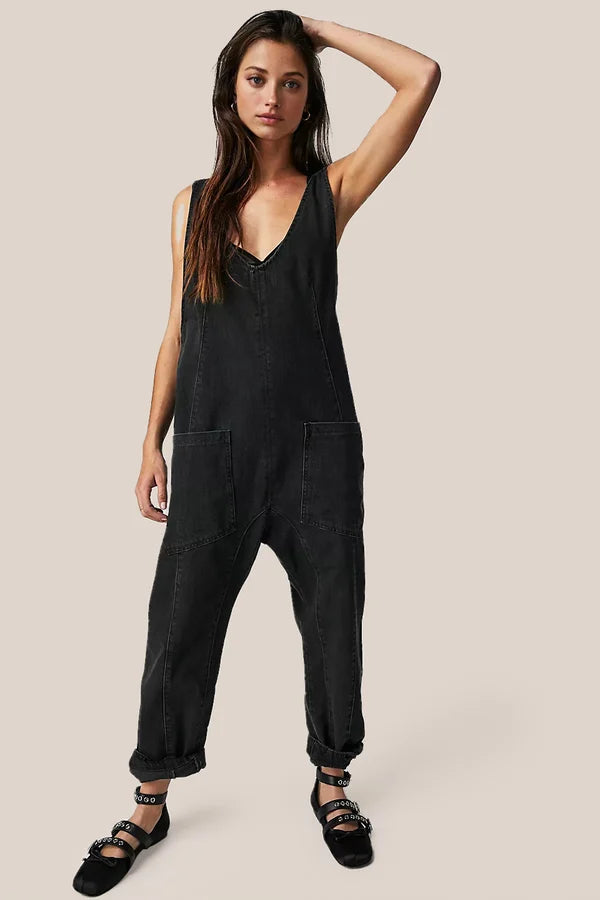 Women's Sleeveless Jumpsuit - V-Neck Loose Fit - Casual Lightweight with Pockets