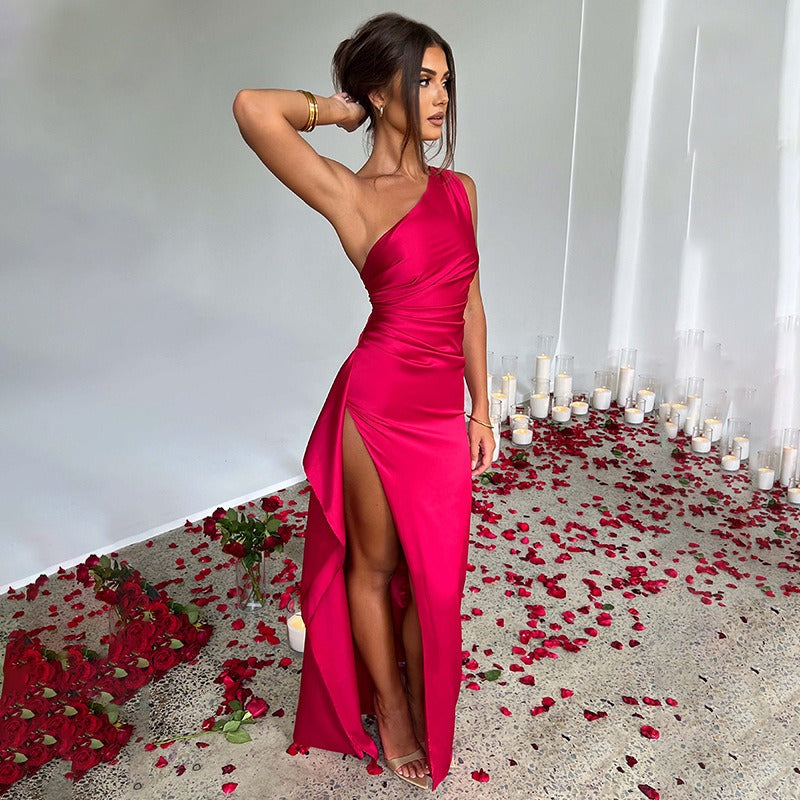Women's Evening Gown - One-Shoulder Satin - Form-Fitting - High Slit Floor-Length
