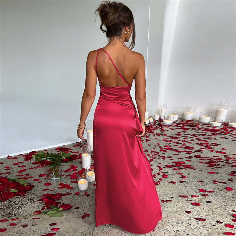 Women's Evening Gown - One-Shoulder Satin - Form-Fitting - High Slit Floor-Length