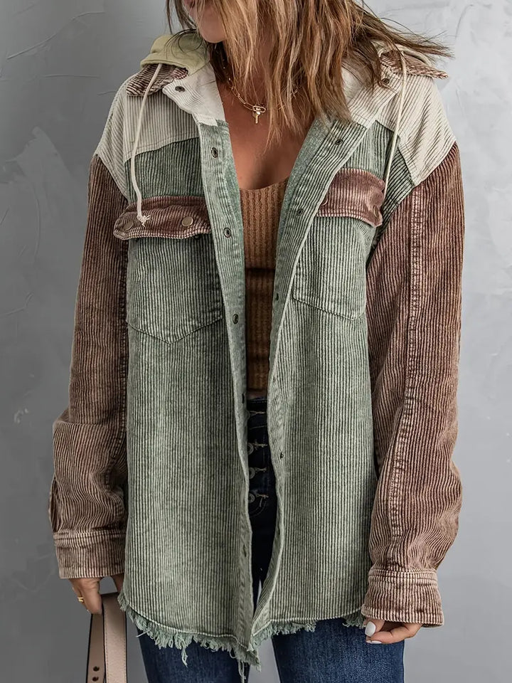Women’s Corduroy Jacket – Hooded Patchwork Design – Distressed Hem – Casual Fit