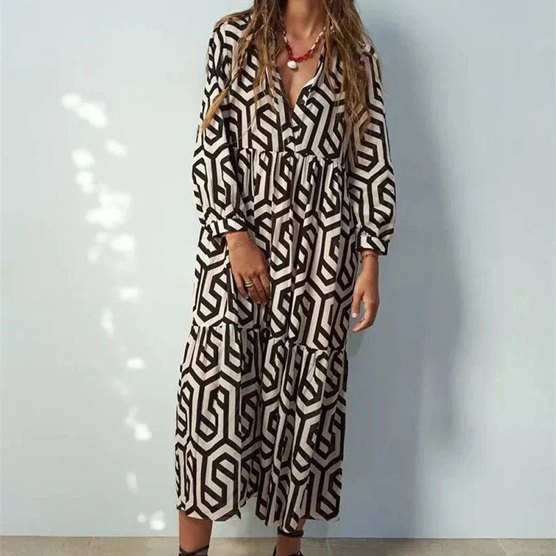 Women’s Long Sleeve Dress – Relaxed Fit – Tiered Silhouette – Geometric Print – Breathable Blend