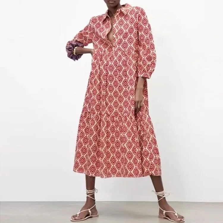 Women’s Long Sleeve Dress – Relaxed Fit – Tiered Silhouette – Geometric Print – Breathable Blend