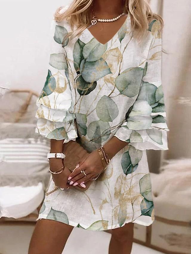Women's Floral Dress - V-Neck Long Sleeve - Ruffled Layered Elegant Style