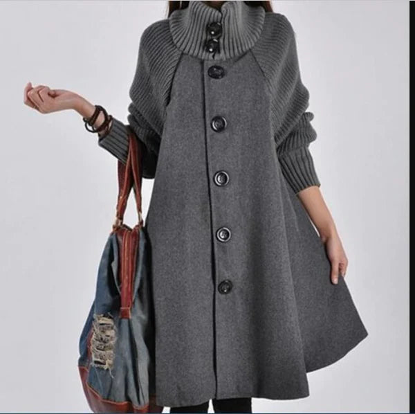 Women's high neck patchwork coat with long sleeves and button closure