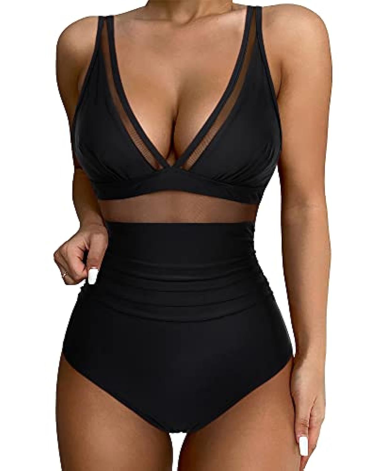 Women’s Swimsuit – Plunging Neckline – Mesh Panels – High-Cut Leg – Stretch Fit
