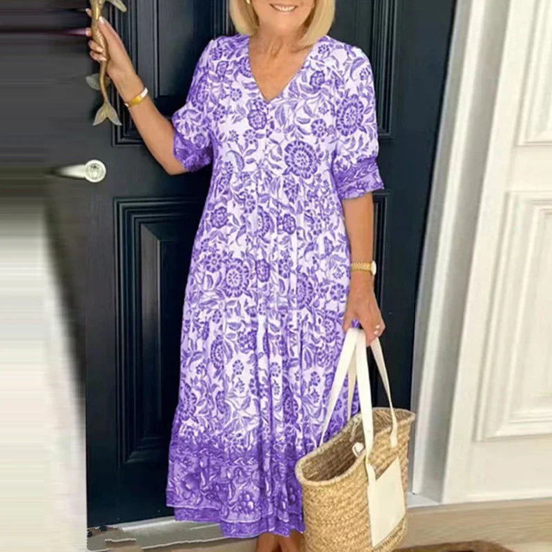 Women’s Maxi Dress - Floral Print - V-Neck - Flowy Three-Quarter Sleeve Casual Wear