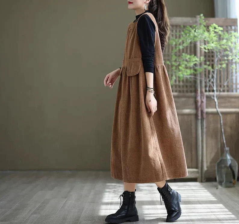Relaxed Fit Corduroy Pinafore Midi Dress