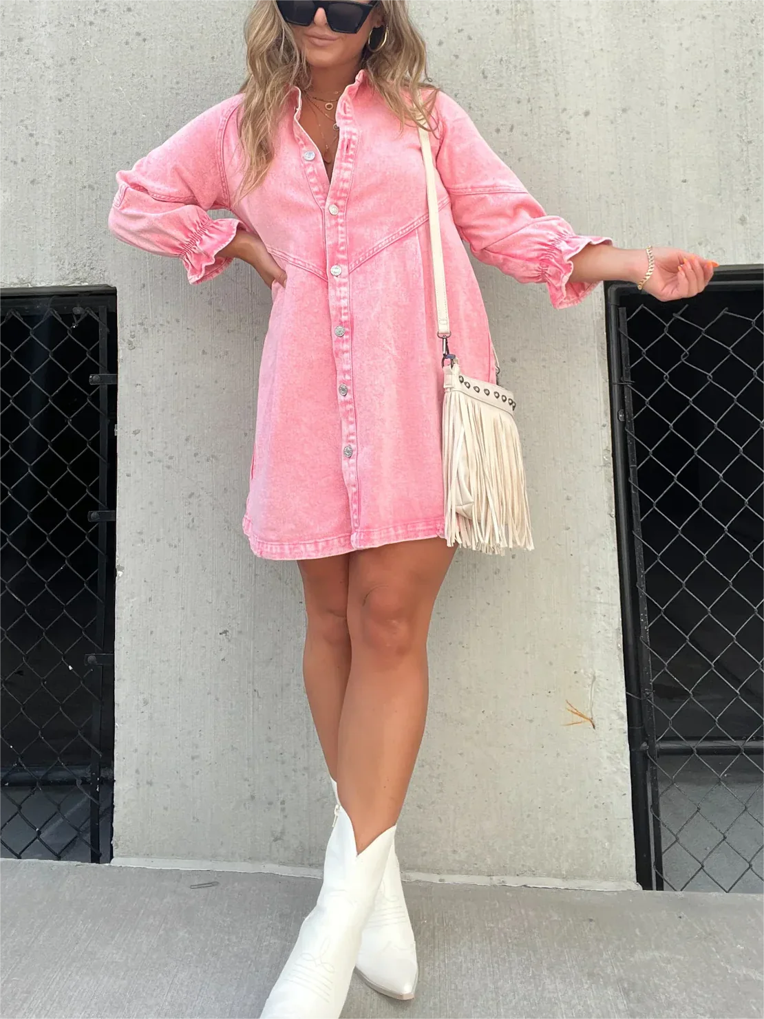 Women's Denim Shirt Dress - Button Down - Long Puff Sleeves - Relaxed Fit