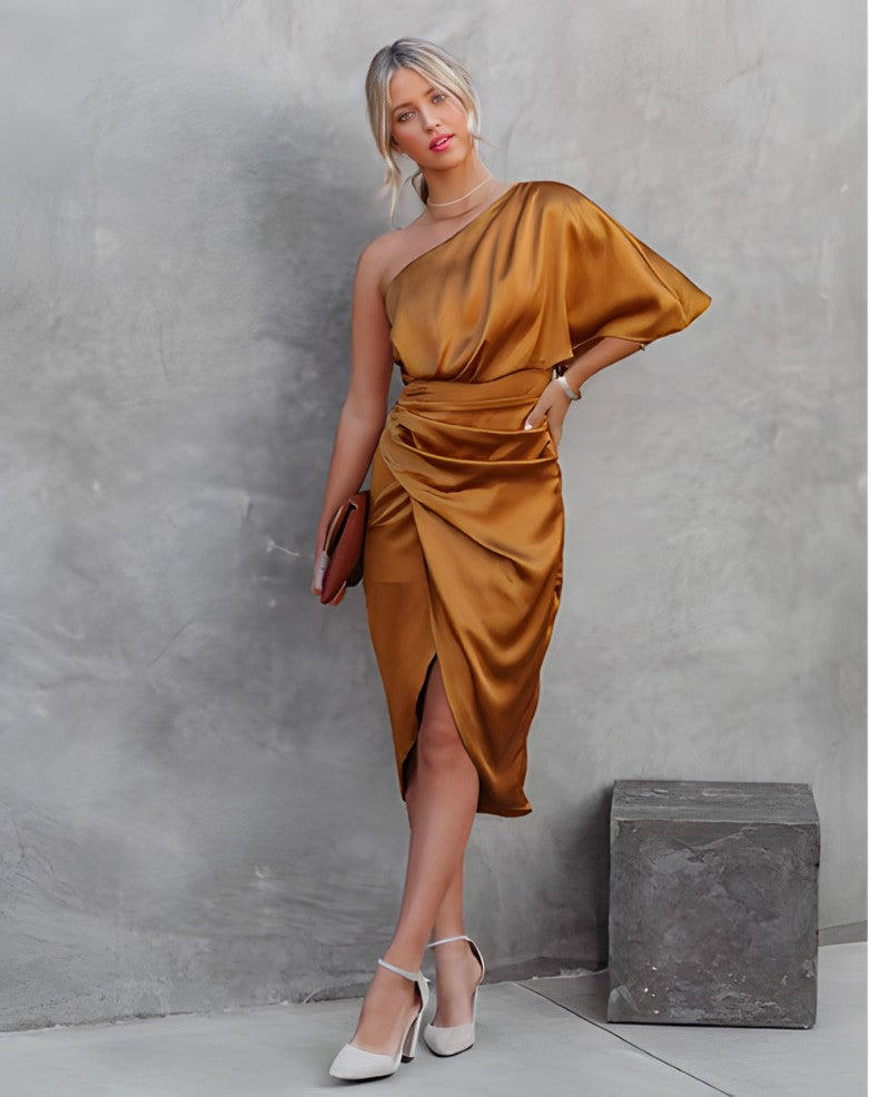 Satin Luxe Draped Asymmetrical Evening Dress