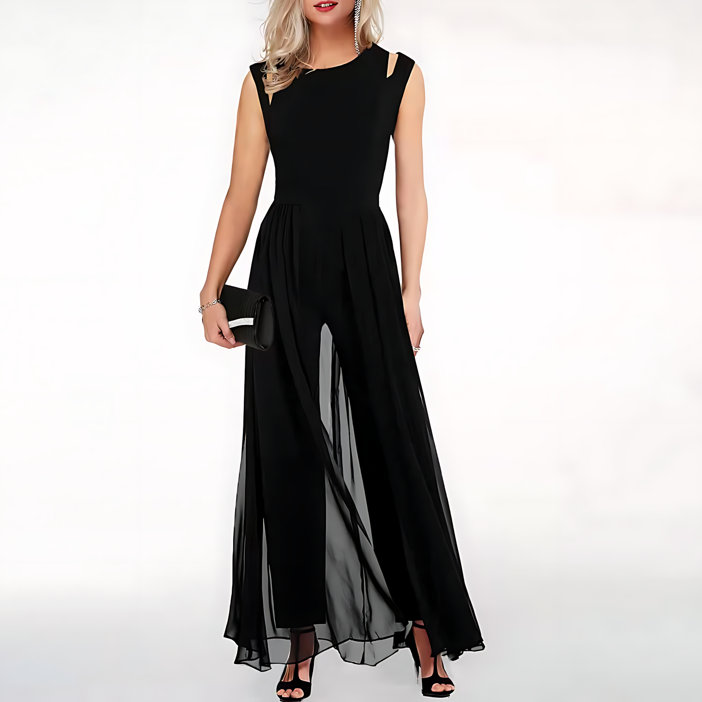 Women's Evening Gown - Sleeveless Floor-Length Dress - High Neck - Elegant Slit Skirt