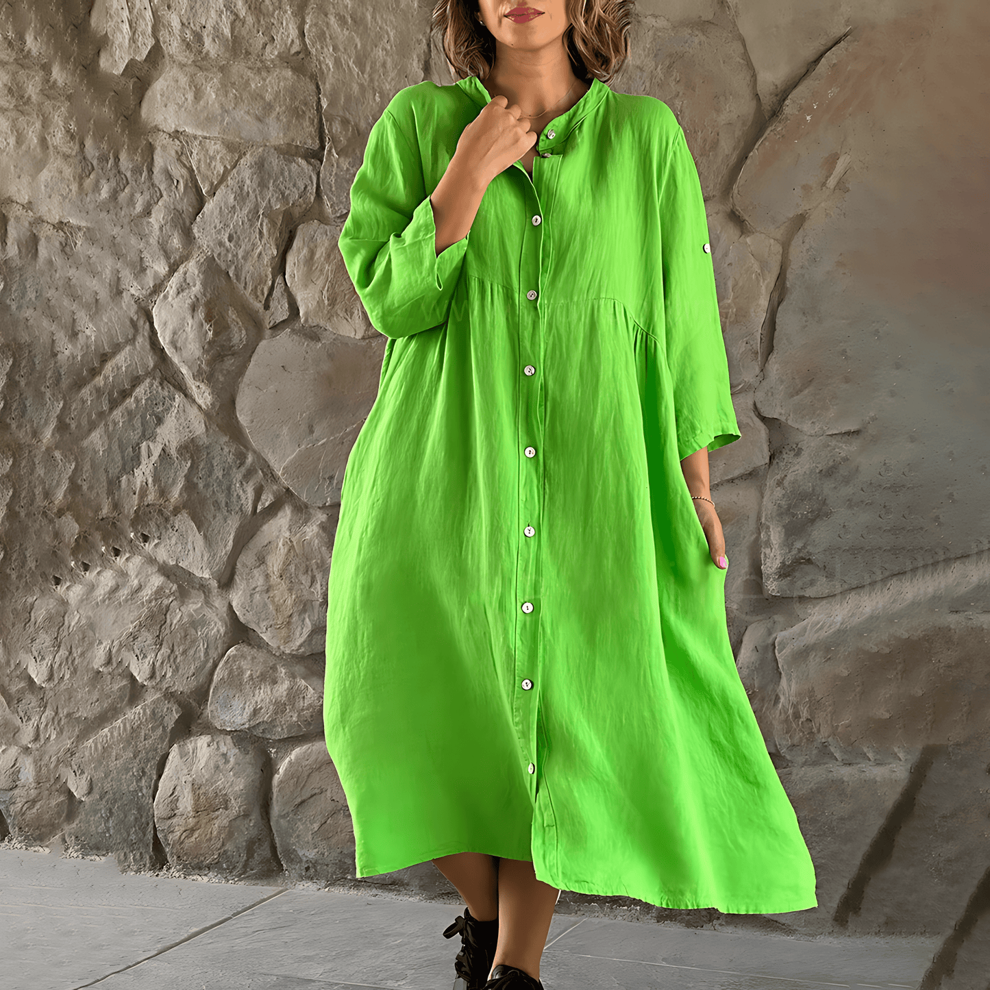 Women's Shirt Dress - Midi Length - Long Sleeve Button-Up - Relaxed Fit
