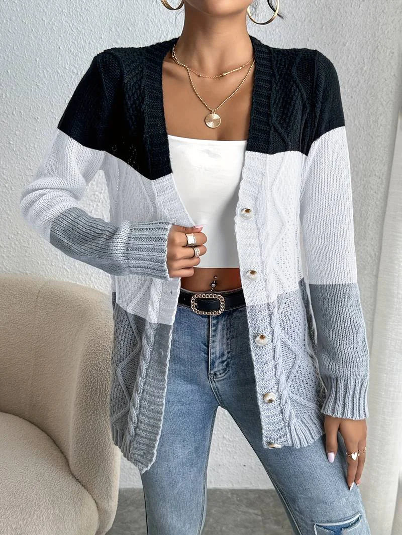 Women's casual contrast color button cardigan