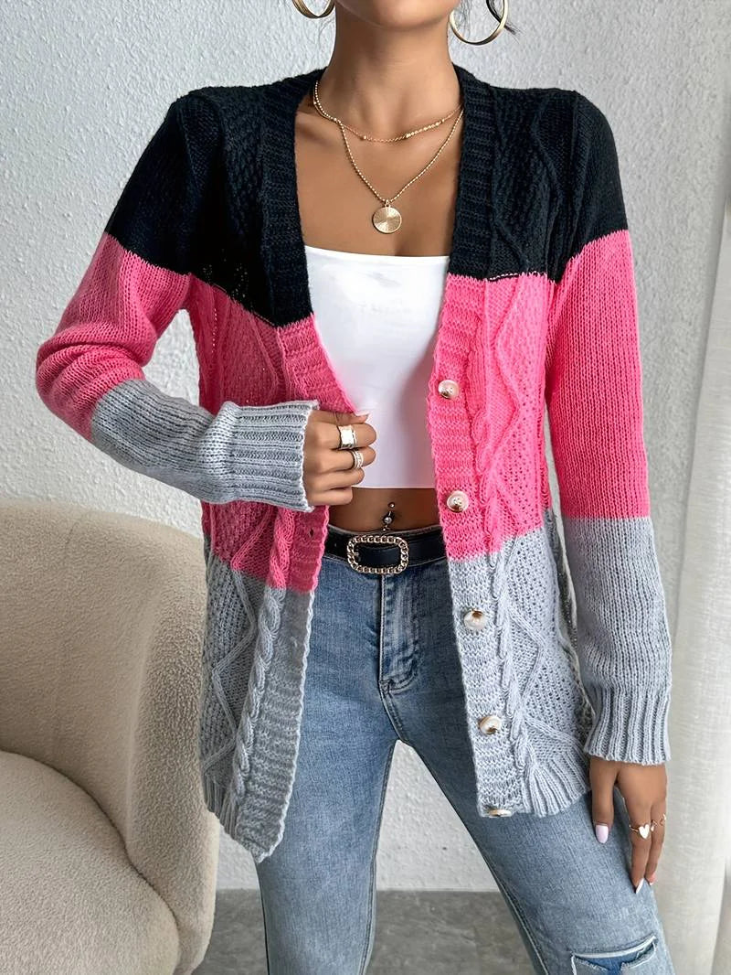 Women's casual contrast color button cardigan