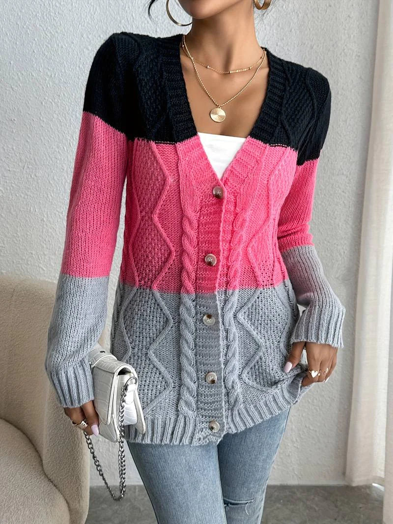 Women's casual contrast color button cardigan