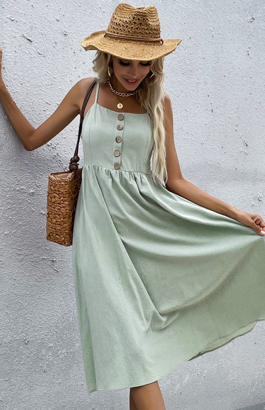 Women's A-Line Midi Dress - Sleeveless Spaghetti Strap - Button-Down Flared Fit