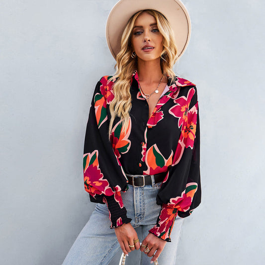 Floral Print Relaxed Fit Blouse With Smocked Cuffs