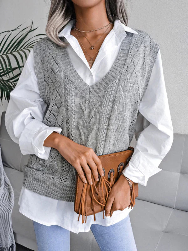Hollow Twist V-Neck Knitted Vest