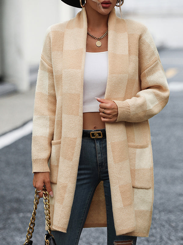 Lujza - coat loose plaid color block knit cardigan fashion sweater