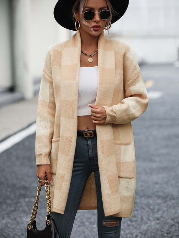 Lujza - coat loose plaid color block knit cardigan fashion sweater