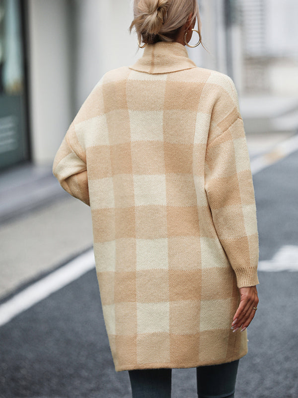 Lujza - coat loose plaid color block knit cardigan fashion sweater