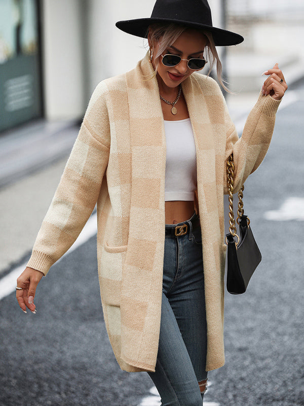 Lujza - coat loose plaid color block knit cardigan fashion sweater