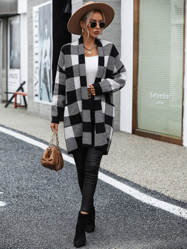 Lujza - coat loose plaid color block knit cardigan fashion sweater