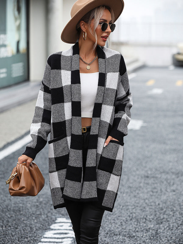 Lujza - coat loose plaid color block knit cardigan fashion sweater