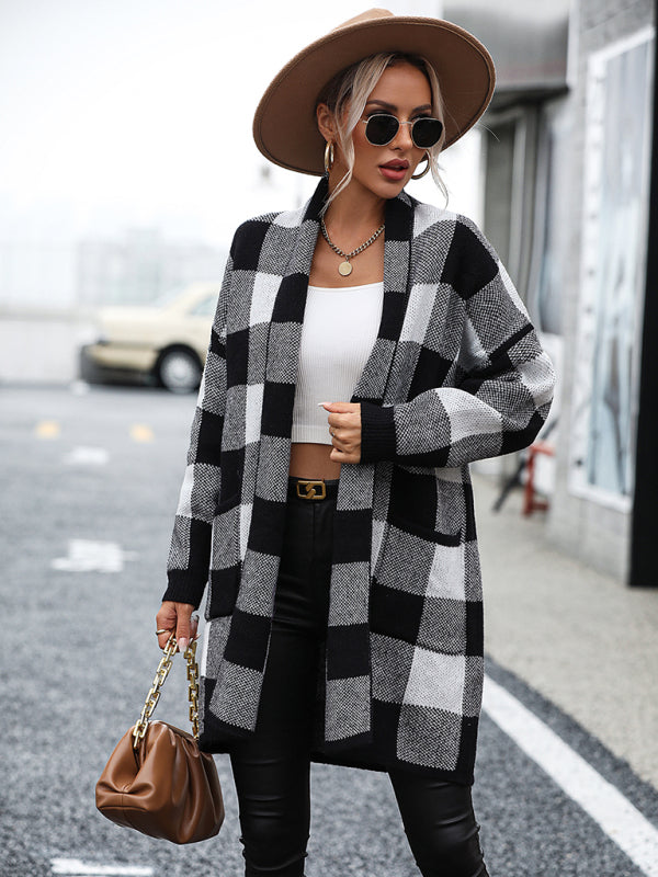 Lujza - coat loose plaid color block knit cardigan fashion sweater