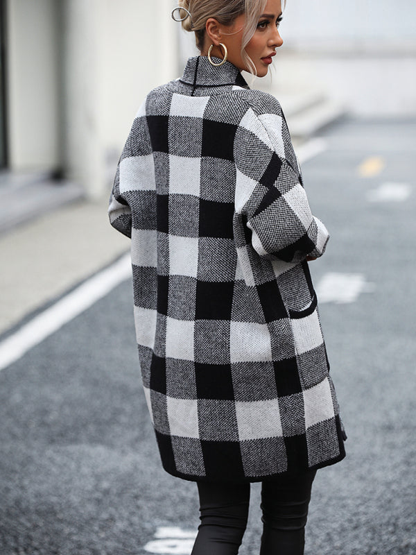 Lujza - coat loose plaid color block knit cardigan fashion sweater