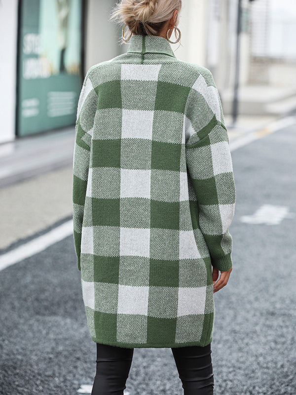 Lujza - coat loose plaid color block knit cardigan fashion sweater