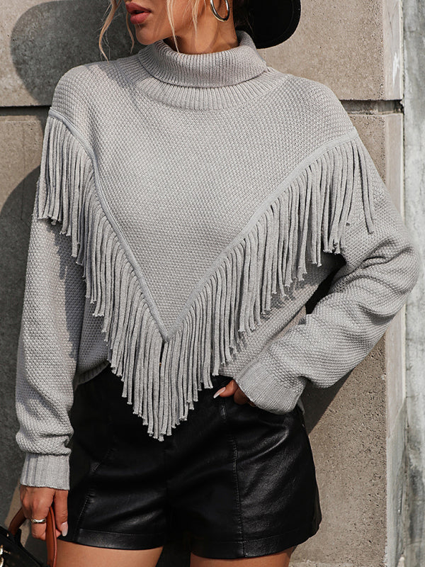 Loose Knitted Tasseled Turtleneck Sweater