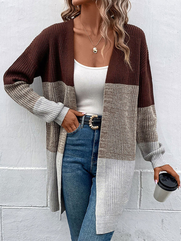 Petra - autumn and winter long-sleeved color-blocking long sweater cardigan