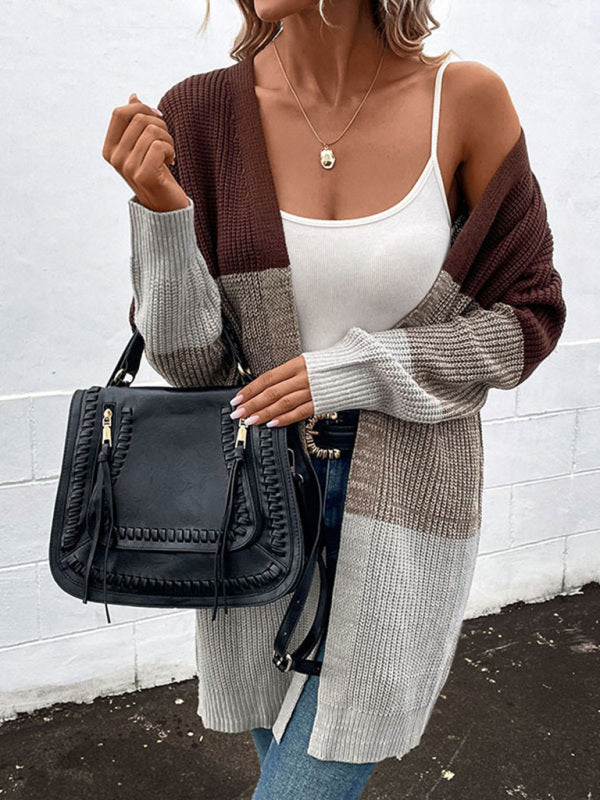 Petra - autumn and winter long-sleeved color-blocking long sweater cardigan